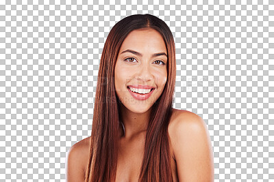 Buy stock photo Happy woman, portrait and hair isolated on a transparent PNG background in healthy glow, shine or care. Young gen z model or person with beauty, face smile in natural growth, color or salon treatment