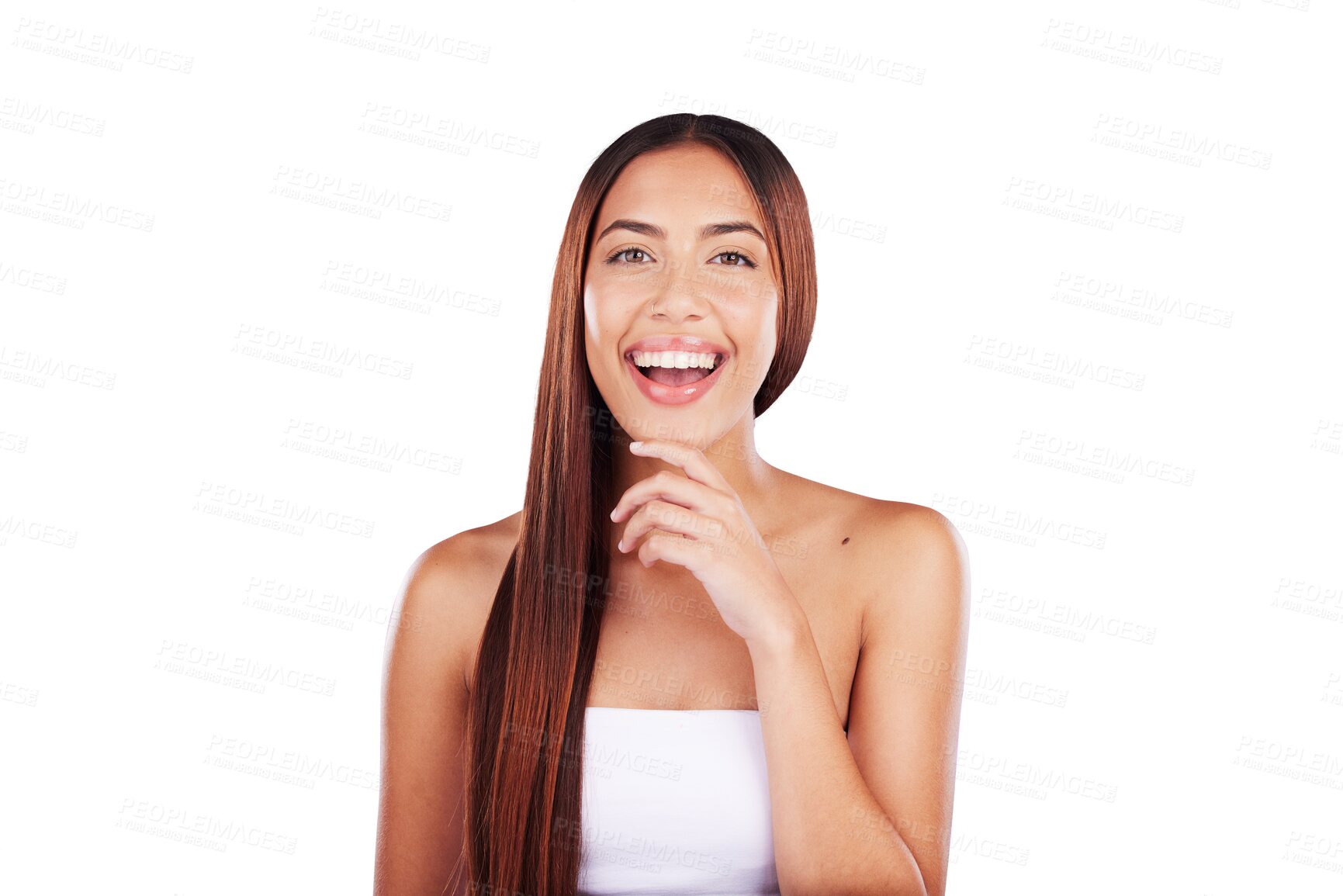 Buy stock photo Hair, beauty smile portrait and woman for natural glow, happy face and self care for wellness. Young model, confident and hairdresser results with keratin and isolated on transparent png background