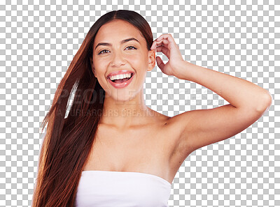 Buy stock photo Hair care, cosmetics and portrait of woman with beauty on isolated, png and transparent background. Smile, hairdresser salon and happy person with hairstyle for growth, keratin and healthy texture