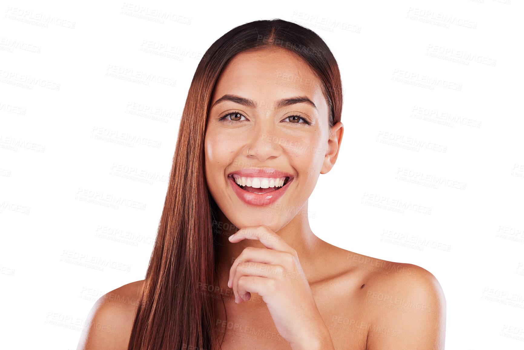 Buy stock photo Hair care, smile and portrait of a young woman with makeup, glamor and cosmetic face. Happy, salon and hairdresser model with a beauty hairstyle from a spa isolated by transparent png background.