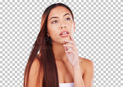 Buy stock photo Thinking, face and woman with beauty, hair or collagen treatment in transparent, isolated or png background. Cosmetics, idea or model with decision in dermatology, makeup or skincare for healthy glow
