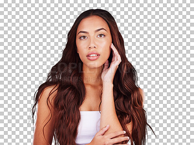 Buy stock photo Hair care, health and portrait of woman with beauty on isolated, png and transparent background. Cosmetics, hairdresser and face of person with hairstyle for salon, keratin treatment and texture