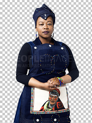 Buy stock photo Portrait, confidence and black woman in traditional clothes isolated on a transparent png background. Serious African person, fashion turban and stylish hat, casual dress and culture in South Africa