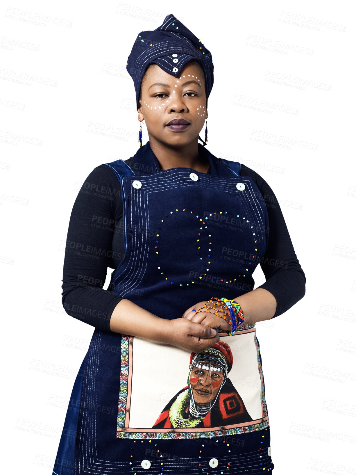 Buy stock photo Portrait, confidence and black woman in traditional clothes isolated on a transparent png background. Serious African person, fashion turban and stylish hat, casual dress and culture in South Africa