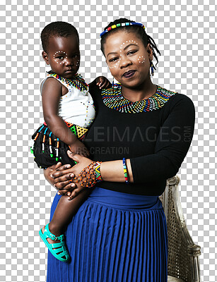 Buy stock photo African mother, child and culture portrait for fashion and traditional face paint or makeup isolated on transparent png background. Family, mom and girl kid in beads and jewelry pattern for religion