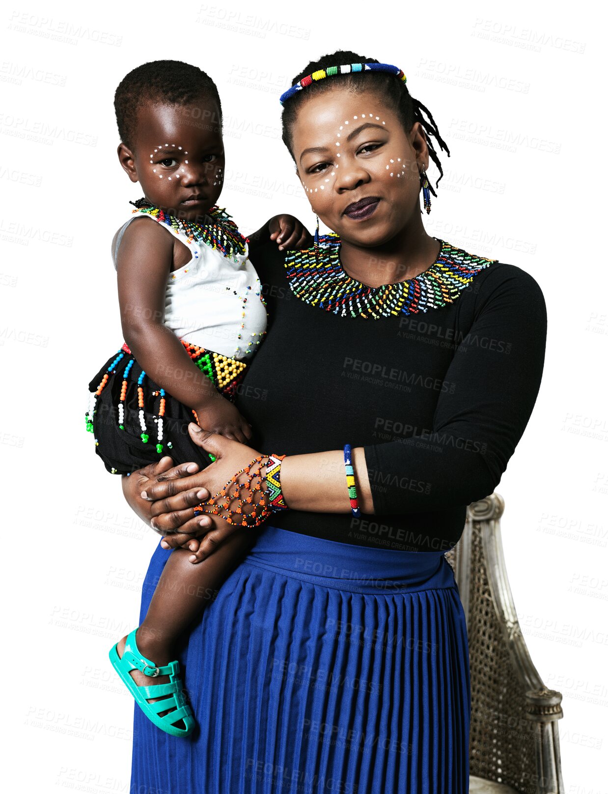 Buy stock photo African mother, child and culture portrait for fashion and traditional face paint or makeup isolated on transparent png background. Family, mom and girl kid in beads and jewelry pattern for religion