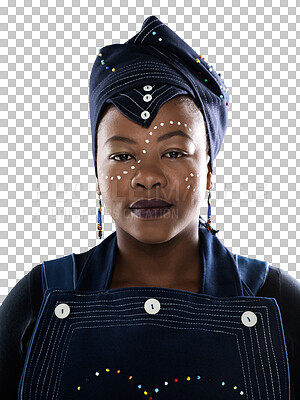 Buy stock photo Black woman, portrait and fashion in Africa tradition or style isolated on a transparent PNG background. Face of serious African female person with stylish clothing, culture or tribal art or wear