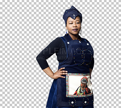 Buy stock photo Portrait, confidence and black woman in traditional fashion isolated on transparent png background. Serious African person, turban and stylish hat, casual dress or clothes for culture in South Africa