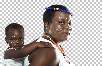 Buy stock photo Black woman, portrait and child on back in Africa tradition or style isolated on a transparent PNG background. Face of African female person carrying kid with colorful tribal or cultural jewelry