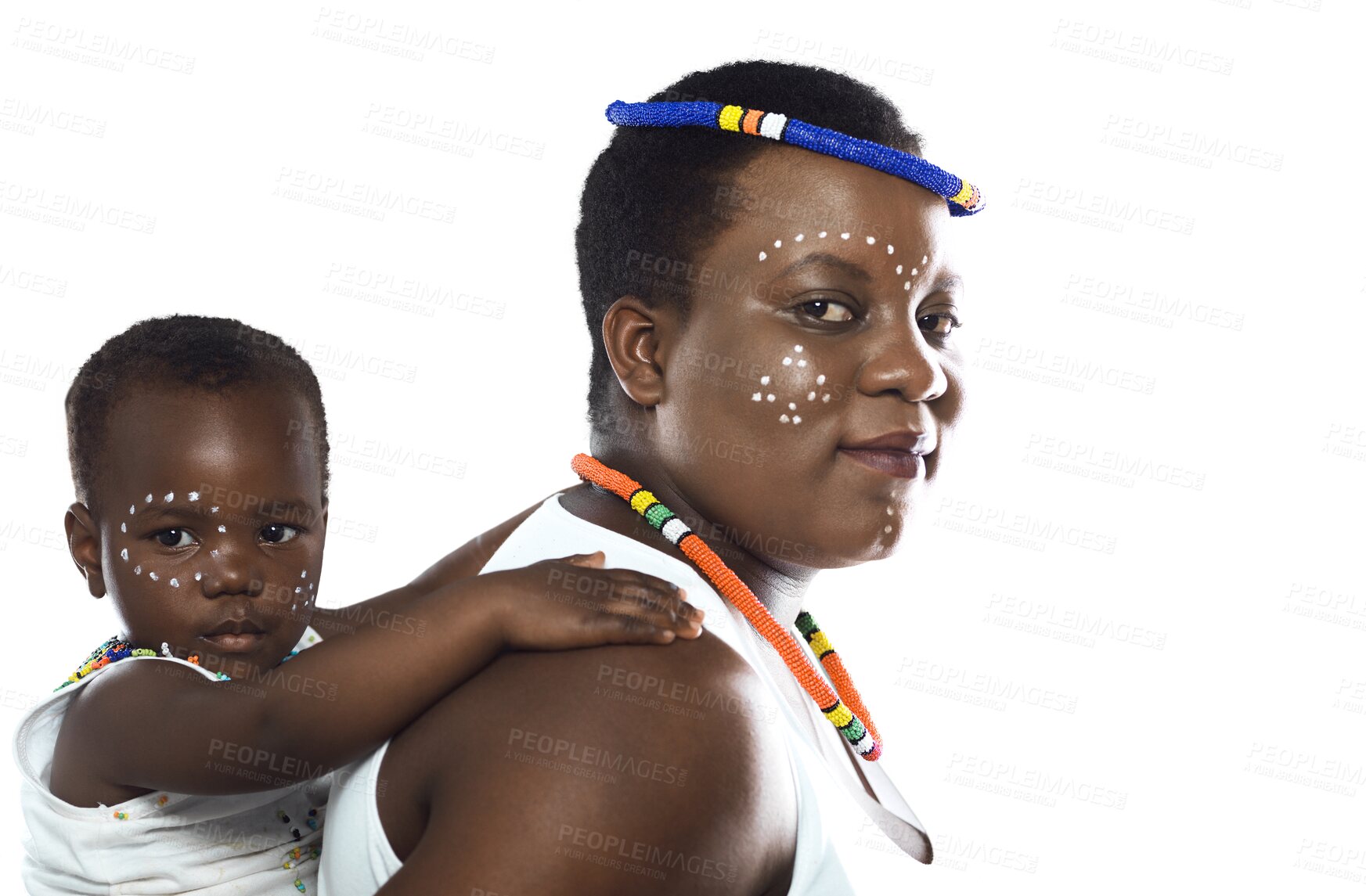 Buy stock photo Black woman, portrait and child on back in Africa tradition or style isolated on a transparent PNG background. Face of African female person carrying kid with colorful tribal or cultural jewelry