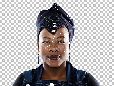 Buy stock photo Portrait, culture or heritage with a black woman in an outfit isolated on a transparent background. Face, paint and makeup with a person in African fashion or facial cosmetics on PNG for culture