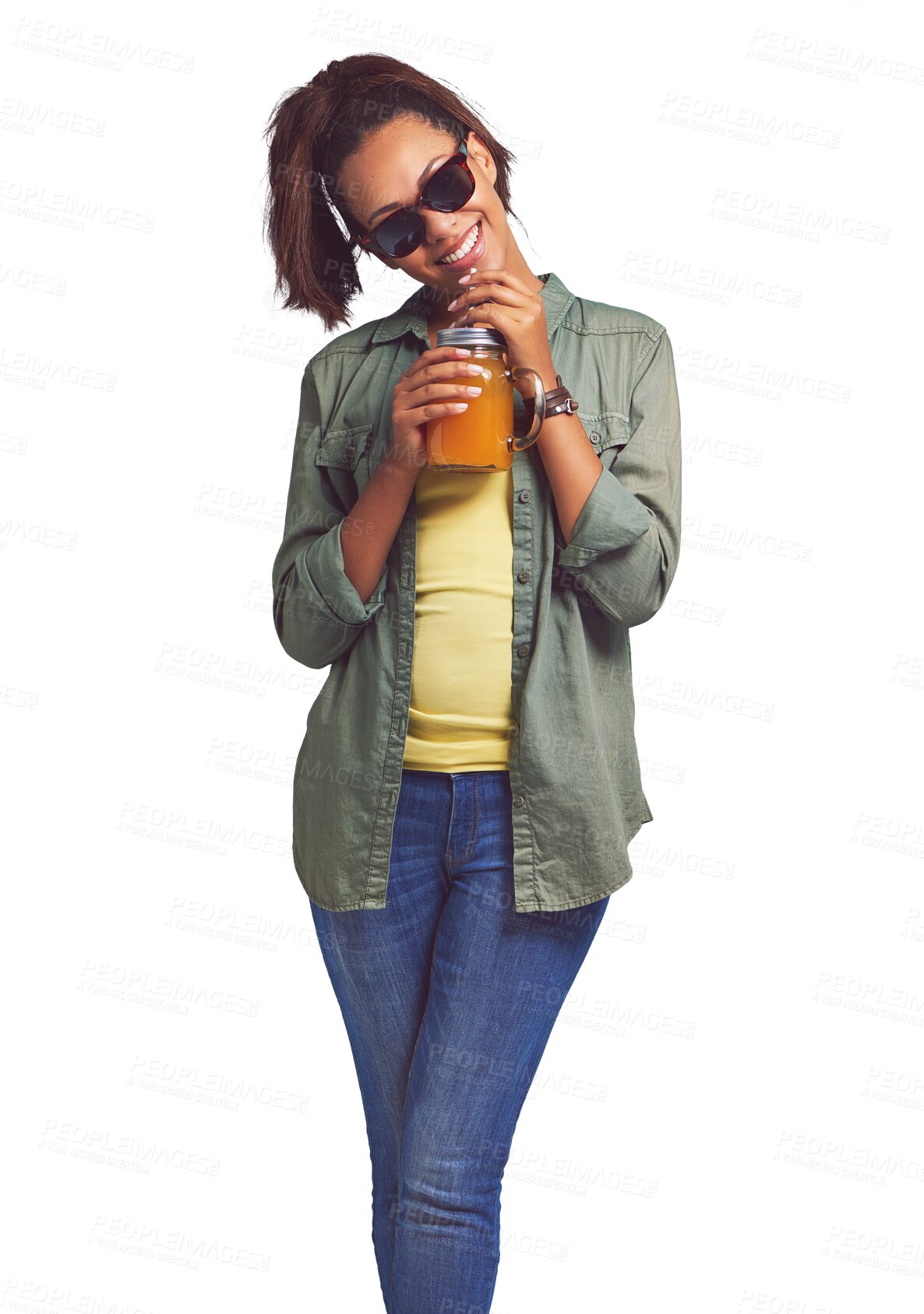 Buy stock photo Fashion, smoothie and portrait of young woman with a stylish, cool and trendy outfit for confidence. Happy, style and female model drinking a healthy beverage isolated by transparent png background.