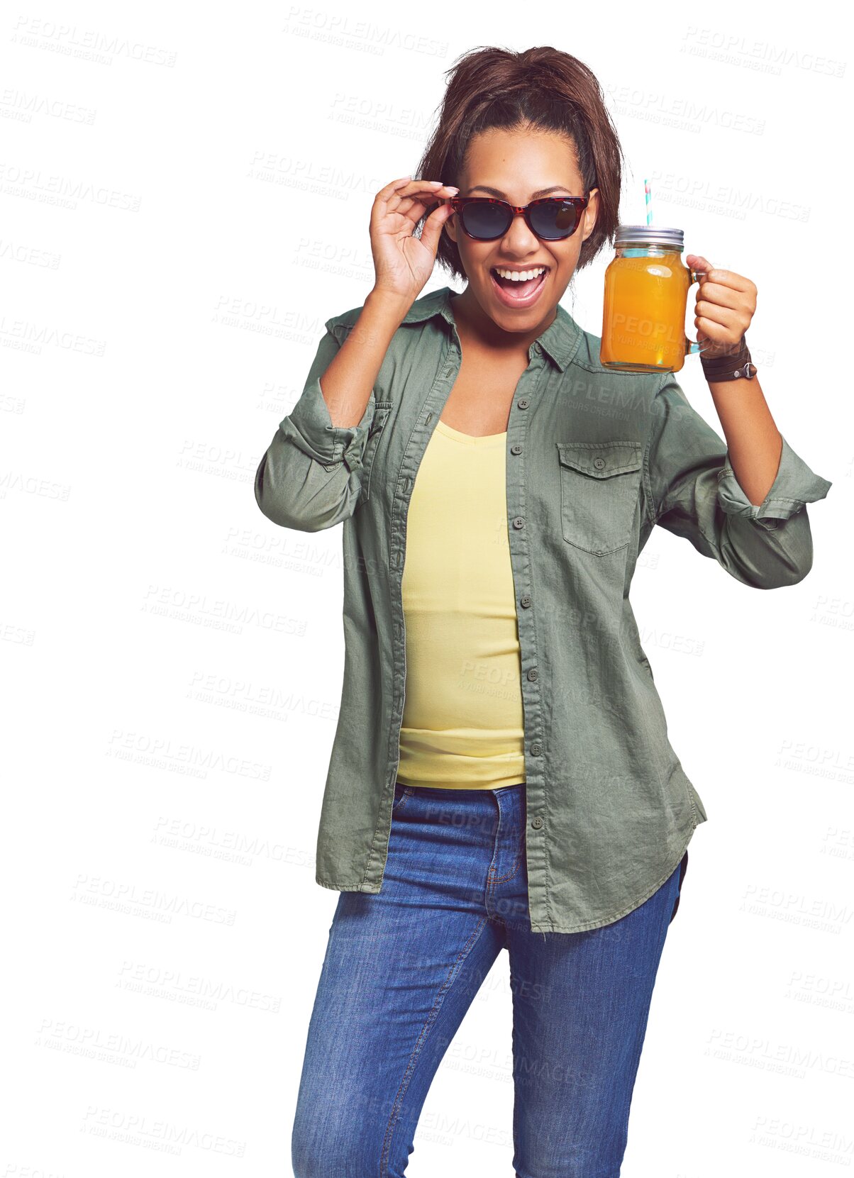 Buy stock photo Happy, fashion and woman with sunglasses and juice on isolated, png and transparent background. Excited, health and portrait of person with drink or fruit blend in trendy clothes, outfit and style