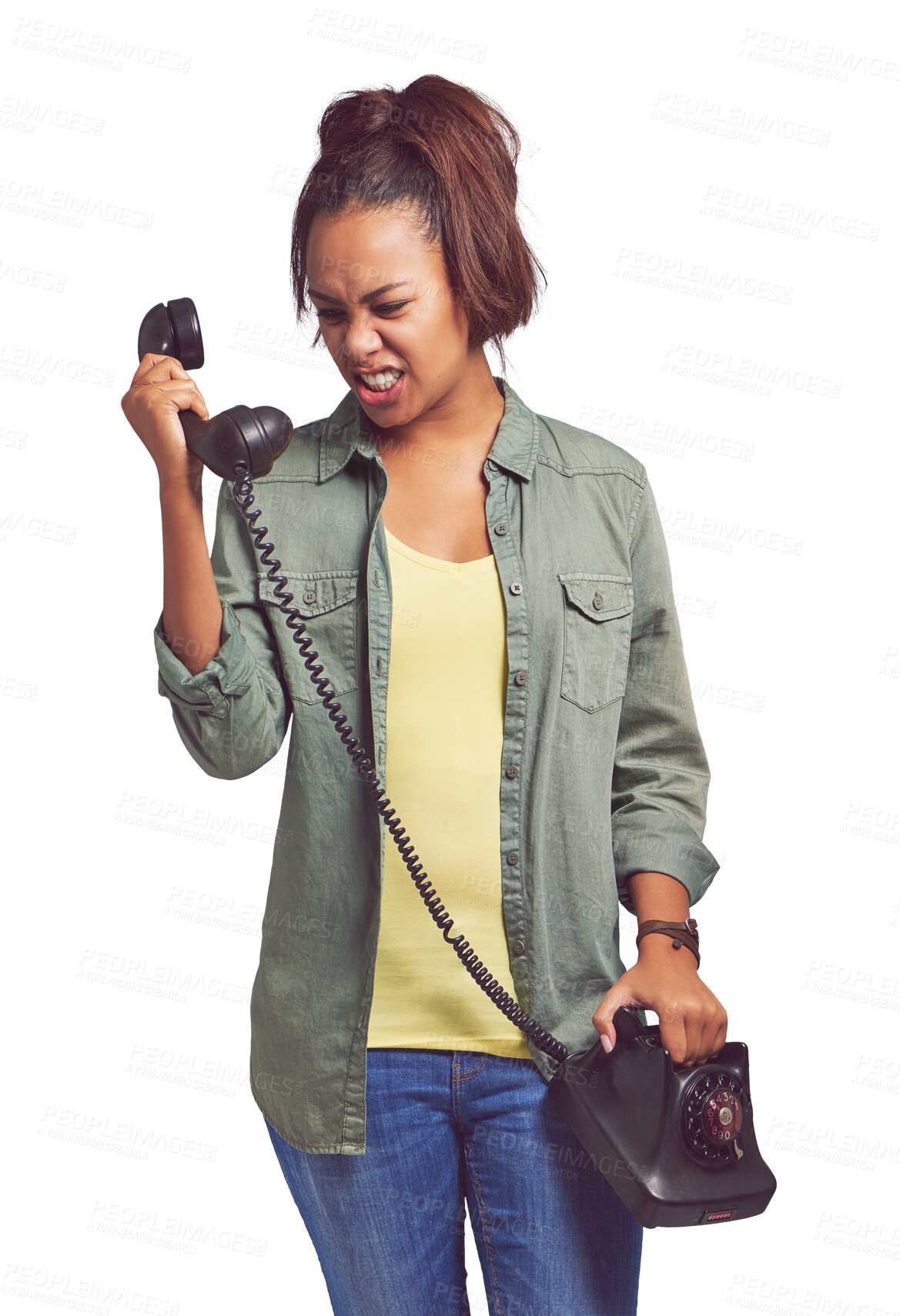 Buy stock photo Phone call, conflict and angry woman with telephone on isolated, transparent or png background. Stress, anxiety and female model frustrated by phishing, connection or communication delay or glitch