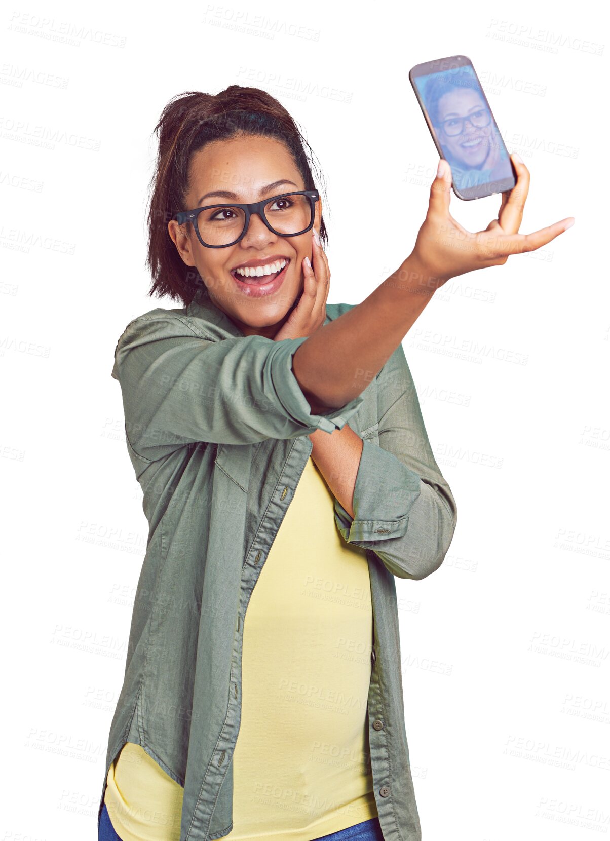 Buy stock photo Happy woman, phone and selfie in fashion for photography isolated on a transparent PNG background. Young female person or model smile with glasses or casual clothing in photo, picture or social media