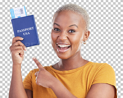 Buy stock photo Portrait, black woman and point at passport ticket for world, global or worldwide travel, adventure or journey to USA. Smile, boarding pass documents or African tourist on transparent, png background