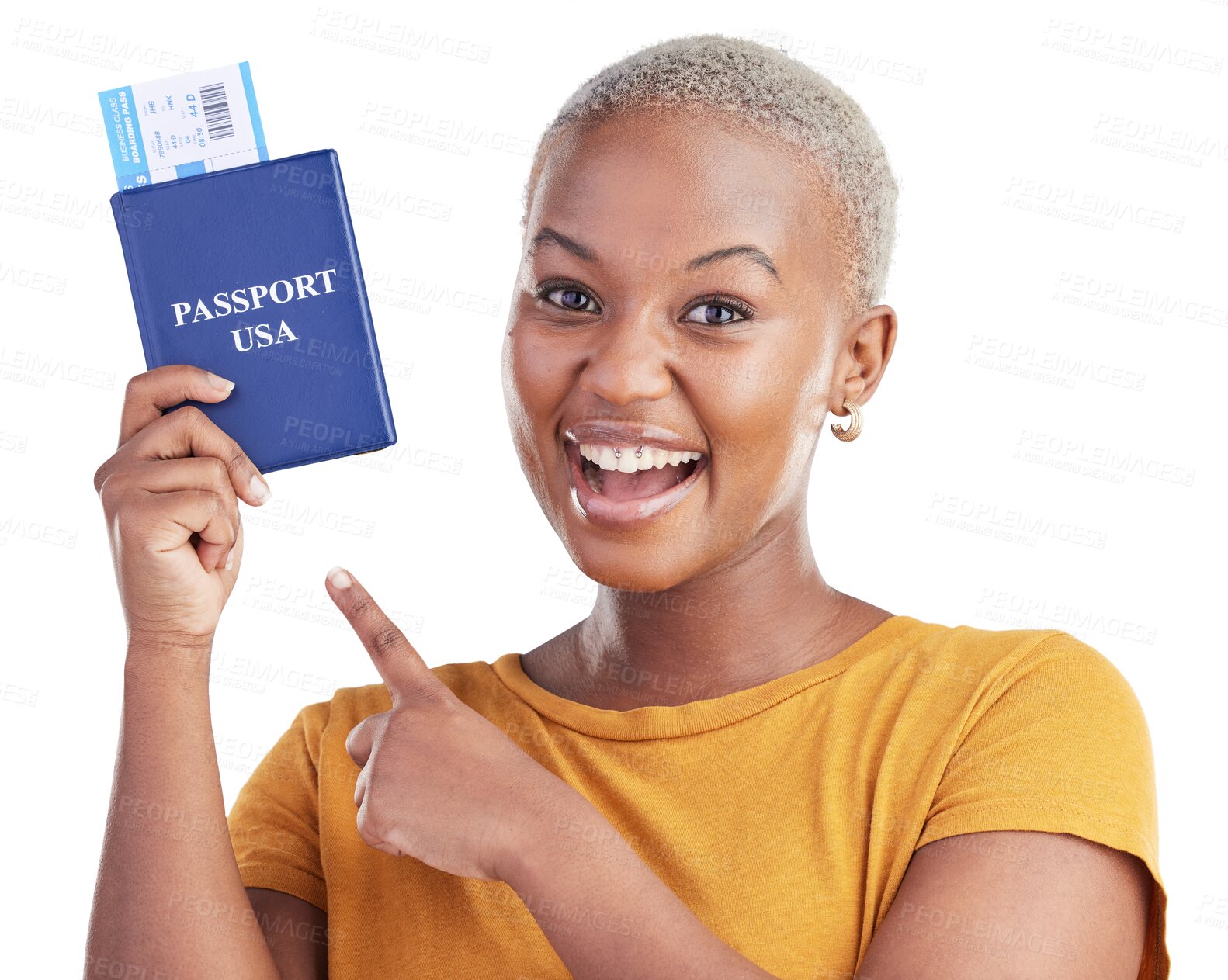 Buy stock photo Portrait, black woman and point at passport ticket for world, global or worldwide travel, adventure or journey to USA. Smile, boarding pass documents or African tourist on transparent, png background