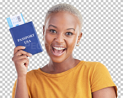 Buy stock photo Portrait, happy black woman and passport ticket for world, global or worldwide travel, adventure or journey to USA. Immigration, boarding pass documentation or traveler on transparent, png background