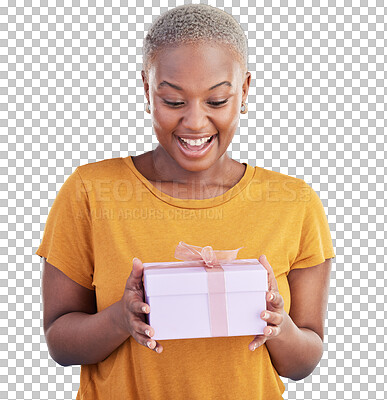 Buy stock photo Smile, gift and excited black woman with box in studio isolated on transparent, png background. Happiness, smile and African person with birthday present, Christmas holiday package or giveaway prize