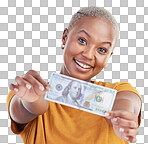 Black woman, dollar and finance, portrait and happy with prize, loan and cash on blue background. Money, cashback and lottery win with payment, financial freedom and note with bonus in studio