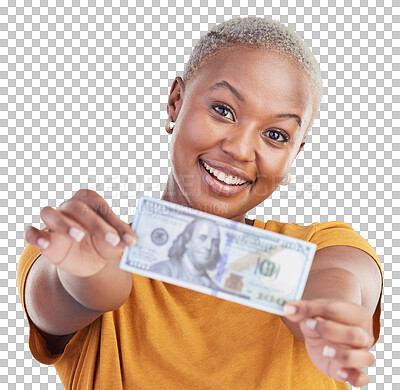 Buy stock photo Portrait of black woman, dollar note and isolated on transparent png background with prize, loan and cash. Money offer, giving cashback and girl with lottery win, budget payment and financial freedom