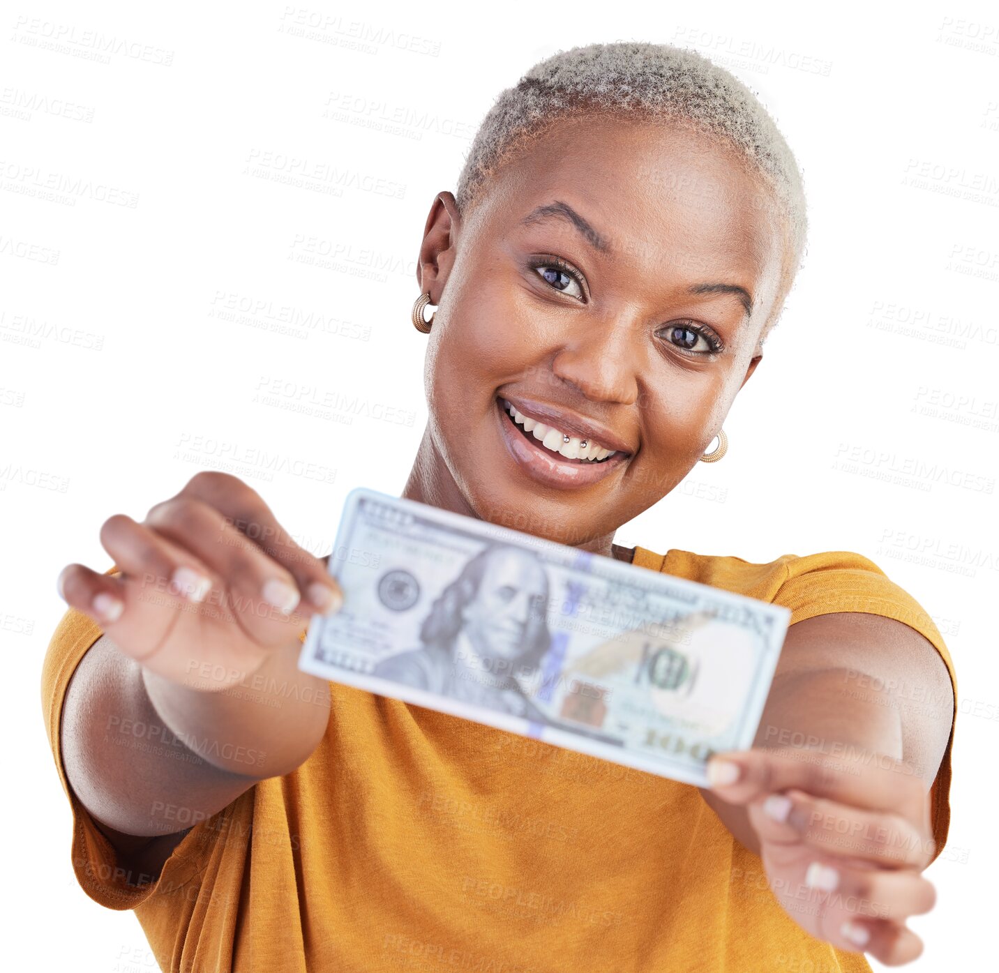 Buy stock photo Portrait of black woman, dollar note and isolated on transparent png background with prize, loan and cash. Money offer, giving cashback and girl with lottery win, budget payment and financial freedom