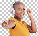 Black woman, headphones and dance, listen to music and energy with happiness isolated on blue background. Female person, wireless tech and radio with fun, dancer with freedom and streaming in studio