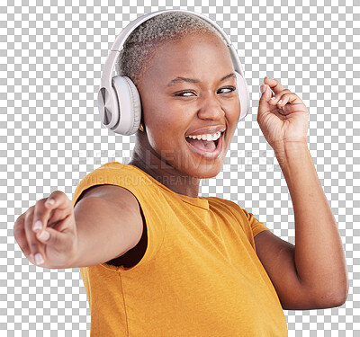 Black woman, headphones and dance, listen to music and energy with happiness isolated on blue background. Female person, wireless tech and radio with fun, dancer with freedom and streaming in studio