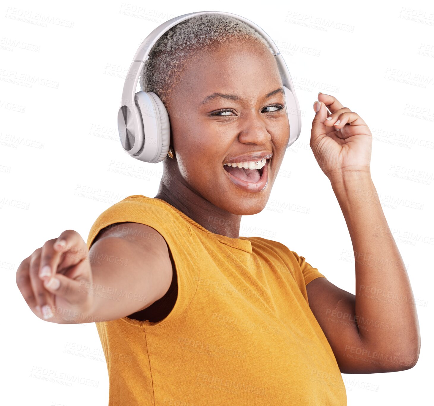 Buy stock photo Dance, woman and music headphones for singing, disco party or excited celebration isolated on transparent png background. Happy african model listening to multimedia, hearing sound or energy on radio