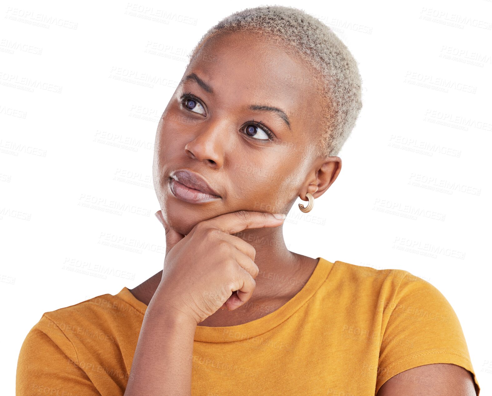 Buy stock photo Thinking, planning and black woman with ideas, opportunity and choice facial gesture. Brainstorming, ideas and young African female model with question face isolated by transparent png background.