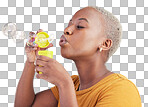 Woman, blowing bubbles and fun in studio, blue background or party celebration with fun, liquid soap or toy. African girl, person and relax with happy, joyful or creative bubble for calm break