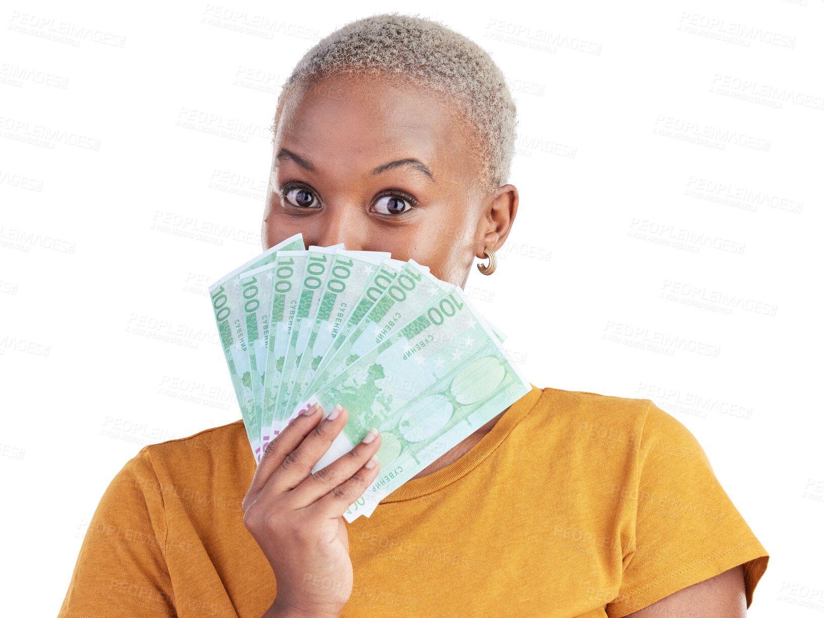 Buy stock photo Portrait of black woman, euros in face and isolated on transparent png background with prize, loan and cash. Money fan, giving cashback and girl with lottery win, budget payment and financial freedom