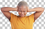Stress, headache or black woman cover ears in studio on blue background with noise crisis or anxiety. Conflict, scared person or African girl with fear of trauma, head pain or sound distraction 