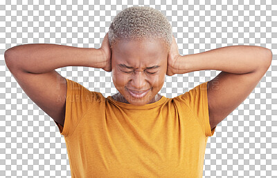 Stress, headache or black woman cover ears in studio on blue background with noise crisis or anxiety. Conflict, scared person or African girl with fear of trauma, head pain or sound distraction