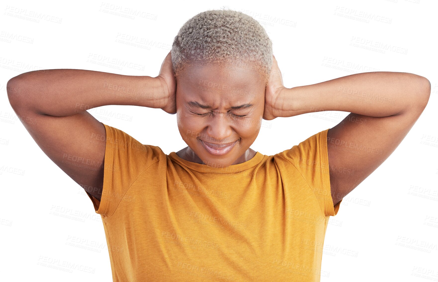 Buy stock photo Stress, headache and black woman cover ears in anxiety or mental health isolated on a transparent PNG background. Face of African female person migraine in noise crisis, loud sound or distraction