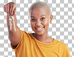 Portrait, new home or black woman with keys in studio for property investment isolated on blue background. Buying real estate, happy or African person excited about loan approval for dream house goal