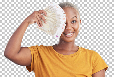 Buy stock photo Portrait of black woman, money fan and isolated on transparent png background with prize, loan and cash. Euro notes, cashback and happy girl with lottery win, budget payment and financial freedom.