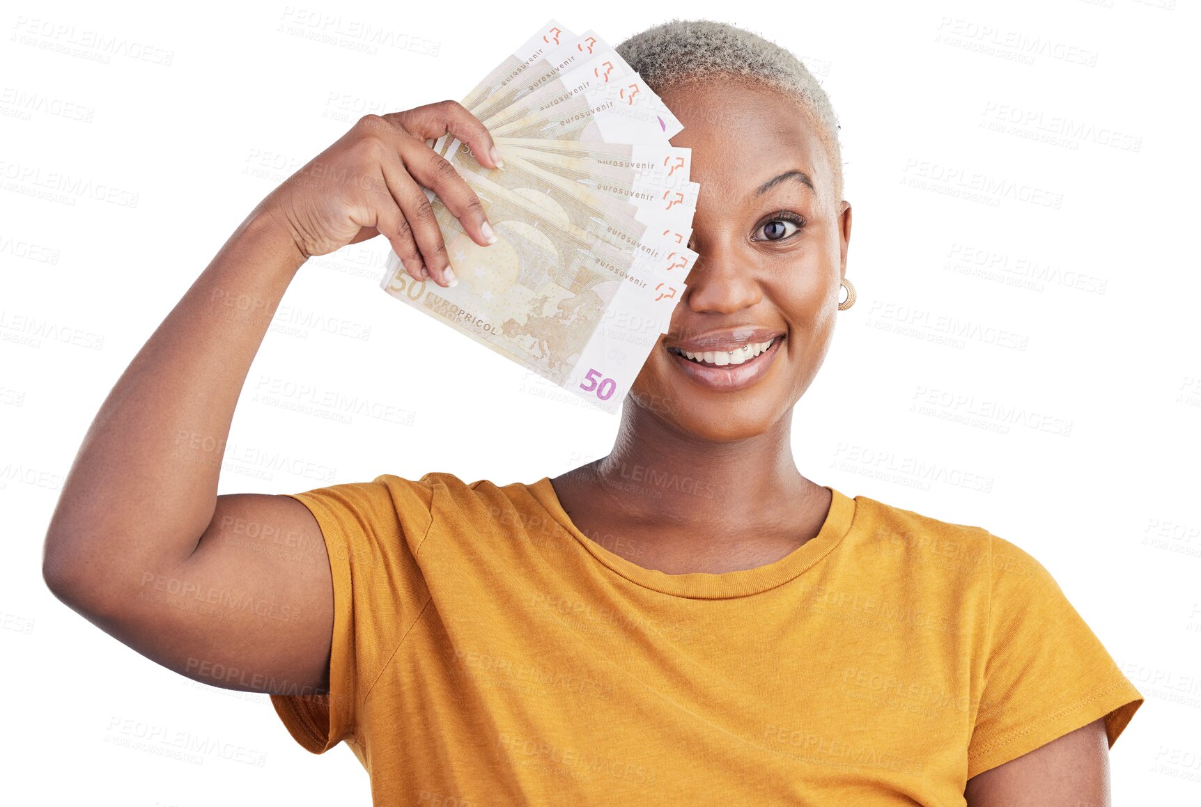 Buy stock photo Portrait of black woman, money fan and isolated on transparent png background with prize, loan and cash. Euro notes, cashback and happy girl with lottery win, budget payment and financial freedom.