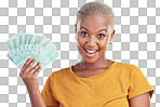 Black woman, money fan and finance, portrait and happy with prize, loan and dollars isolated on blue background. Cash, cashback and lottery win with payment, financial freedom and bills with bonus