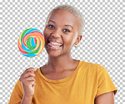 Buy stock photo Lollipop, smile and portrait of black woman with candy in studio for sweets, rainbow and creative advertising. Happy, young and African female person with sugar isolated by transparent png background