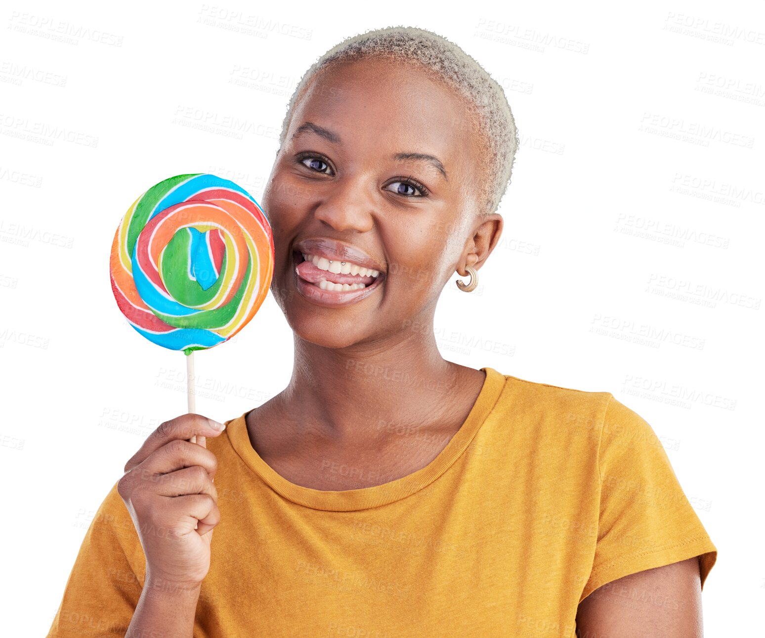 Buy stock photo Lollipop, smile and portrait of black woman with candy in studio for sweets, rainbow and creative advertising. Happy, young and African female person with sugar isolated by transparent png background