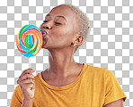 Lollipop, kiss and a woman with candy in studio for sweets, rainbow and creative advertising. Happy and funny black female person isolated on a blue background with love of sugar, freedom and color