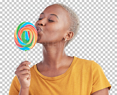 Buy stock photo Lollipop, happy and young black woman with candy for sweets, rainbow and creative color. Pout, dessert and African female person with sugar for snack isolated by transparent png background.