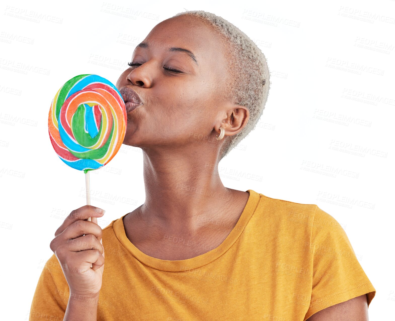 Buy stock photo Lollipop, happy and young black woman with candy for sweets, rainbow and creative color. Pout, dessert and African female person with sugar for snack isolated by transparent png background.