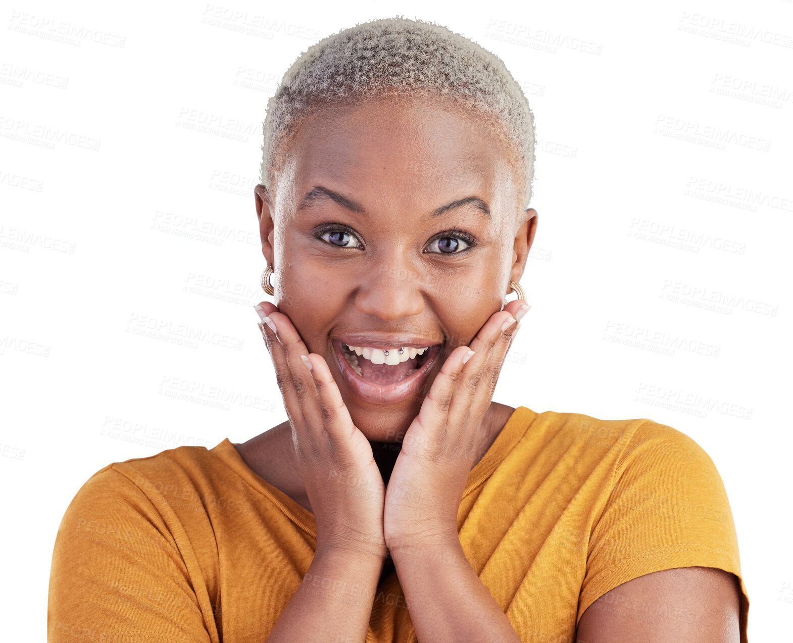 Buy stock photo Surprise, portrait and black woman excited, shocked or OMG facial expression for news, deal or secret. Wow reaction, WTF or girl with gossip, announcement or promo deal on transparent, png background