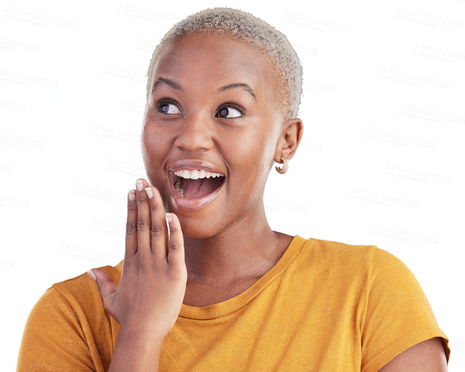 Buy stock photo Surprise, face and happy black woman excited for news notification, offer deal or announcement on transparent, png background. Wow reaction, promotion and African person shocked by gossip secret