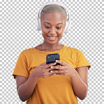 Buy stock photo Headphones, happy and young black woman with phone listening to music, podcast or radio. Smile, technology and African female model stream playlist on cellphone isolated by transparent png background