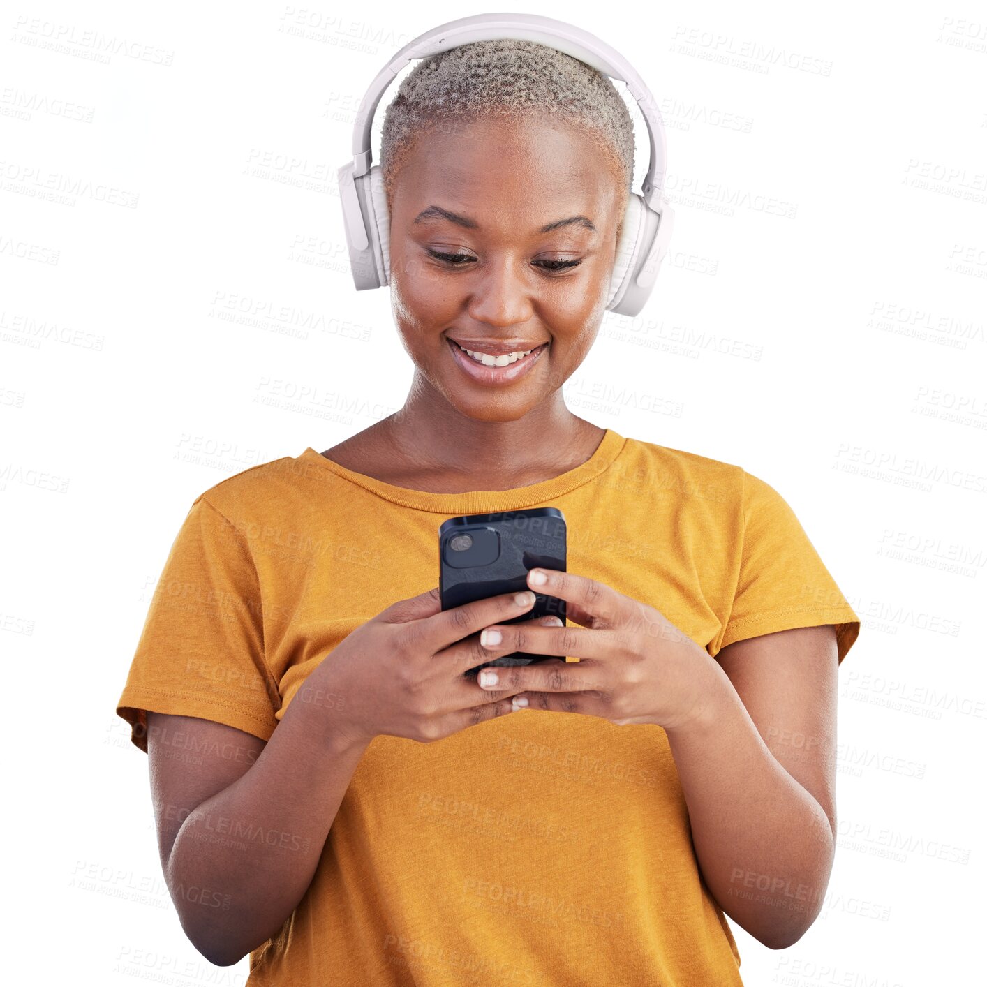 Buy stock photo Headphones, happy and young black woman with phone listening to music, podcast or radio. Smile, technology and African female model stream playlist on cellphone isolated by transparent png background