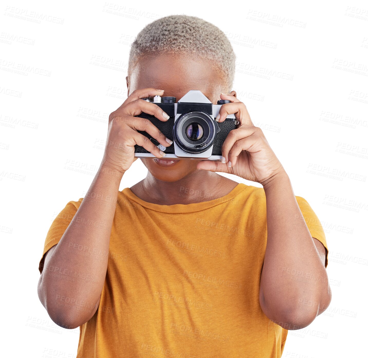 Buy stock photo Photographer, retro camera and person shooting for freelance journalist job, art or photoshoot on transparent, png background. Creative, production and isolated model doing paparazzi content creation