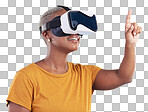 Black woman, metaverse and virtual reality, touch screen with future technology and 3D on blue background. User experience, VR goggles and female person, digital world and  gaming software in studio